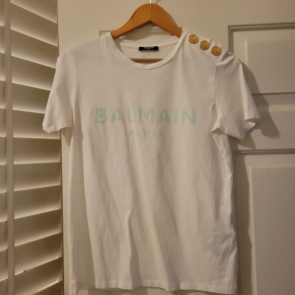 Balmain Gold Button Tee Shirt White S